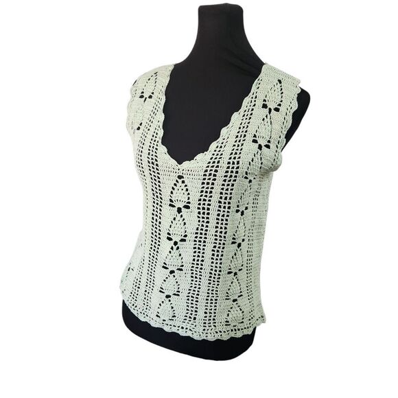 Vintage Boho Crochet Tank Top Shirt S M Green Doily Scallop Loose Weave - Picture 7 of 7